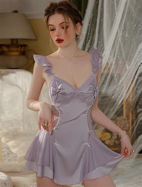 Sexy Deep V Lace Satin See Through Nightgown Sleepwear Florashe