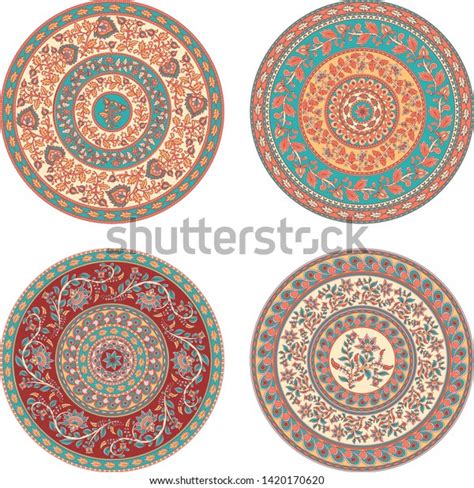 Four Circular Patterns Indian Style Kalamkari Stock Vector Royalty