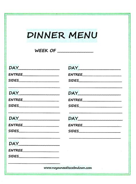 Weekly Dinner Menu Free Printable No You Need To Calm Down
