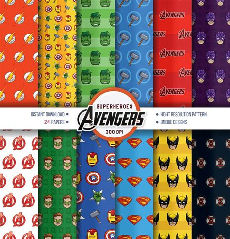 Superhero 24x Digital Paper Avengers Superhero Paper Scrapbook Paper