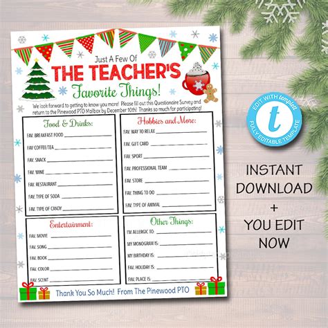 Christmas Teacher Favorites Survey Teacher Holiday Wish List Etsy