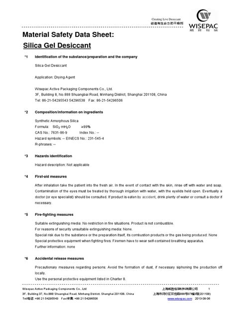 Msds Silica Gel Pdf Silicon Dioxide Dangerous Goods