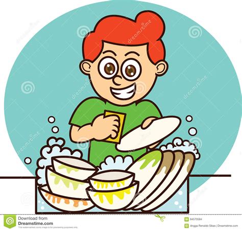 Washing dishes cartoon icon with woman housewife. Young Man Washing Dishes Cartoon Illustration Stock Vector ...