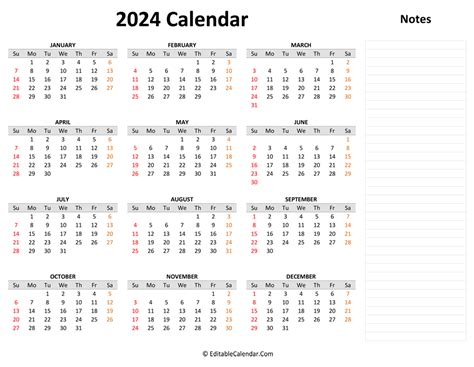 2024 Yearly Calendar With Notes