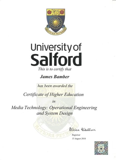 University Of Salford Certificate For Higher Education