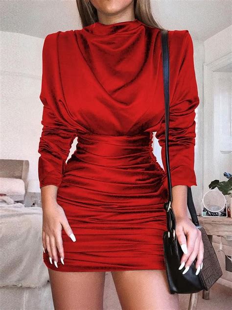 Red Long Sleeve Turtleneck Dress Long Sleeve Dress Batwing Sleeve