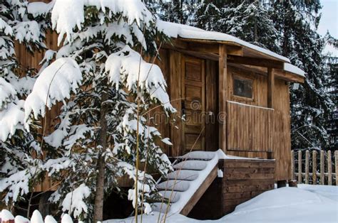 Fabulous Wooden Hut Covered With Snow In The Forest Stock Image Image
