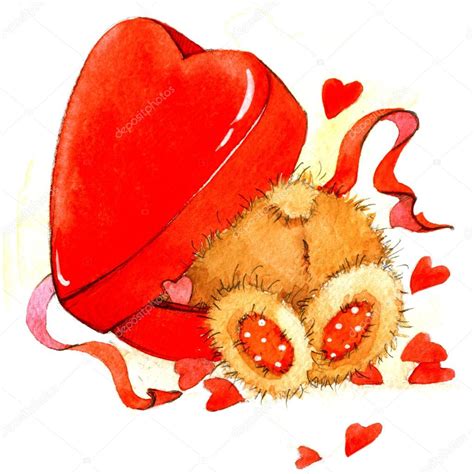 Valentin Nap Háttér A Kártya Egy Aranyos Maci és Piros Szív Akvarell