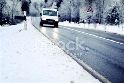 Winter Road Conditions Approaching Car Stock Photo Royalty Free