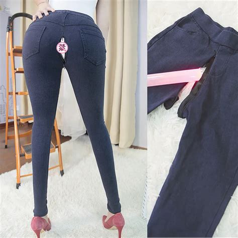 ผู้หญิงกลางแจ้ง Sex เสื้อผ้ากางเกง Leggings เปิด Crotch Zipper กางเกงยีนส์ Skinny Denim กางเกง