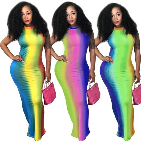 Woman Rainbow Color Printed Elegant Sleeveless Backless Sheath Robe Halter Skinny Floor Length