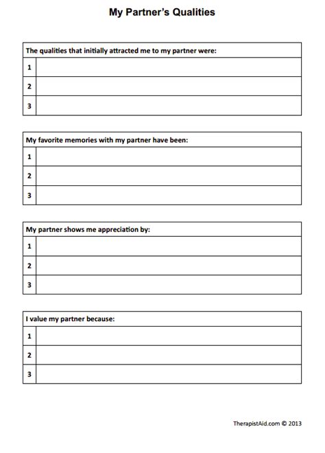 My Partners Qualities Worksheet Therapist Aid Marriage