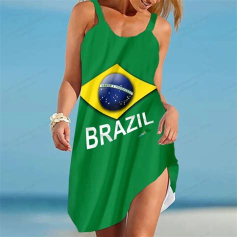 2023 Brazil Flag Women Fashion Bohemian Spaghetti Strap Dresses Party Evening Sexy Boho Beach