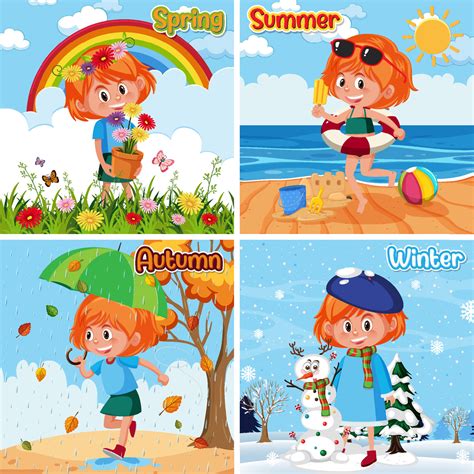 Four Seasons With Girl Cartoon Character Vector Art At Vecteezy