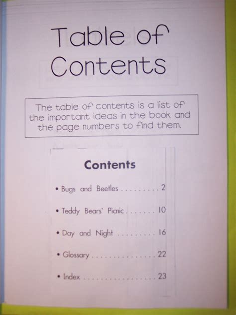 Table Of Contents Kindergarten Informational Text Informational Text