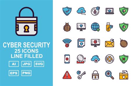 25 Conjunto De Iconos Llenos De Línea De Seguridad Cibernética Premium