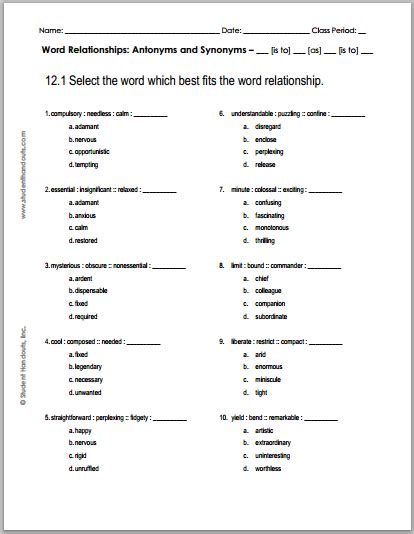 121 Word Relationships Worksheet Free To Print Pdf