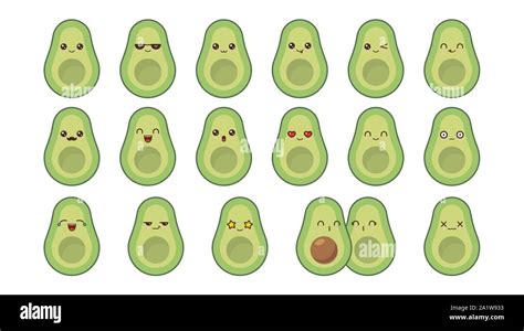 Avocado Cute Kawaii Mascot Set Kawaii Food Faces Expressions Smile