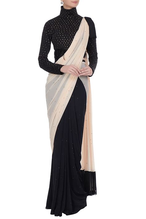 Buy Pooja Rajpal Jaggi Black And Cream Embellished Concept Saree With