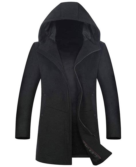 Mens Black Wool Coat With Hood Modern Fit