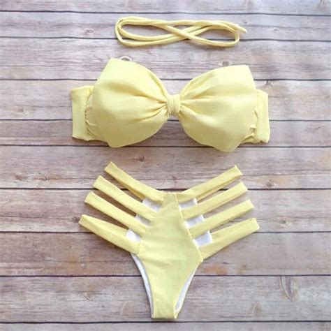 Sexy Yellow Women Bandage Bikini Top Push Up Padded Swimwear Halter Swimsuit Brazilian Low Waist
