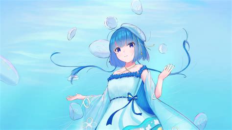 Blue Hair Blue Eyes Dress Anime Girl Jellyfish Water Hd Anime Girl