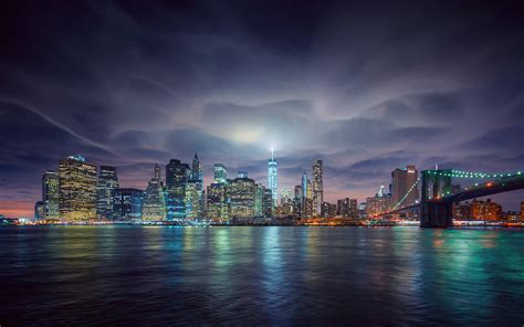 Download Brooklyn Bridge Light City Bridge Night Skyline Man Made New