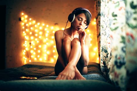 Wallpaper Women Model Brunette Headphones Nude Closed Eyes In