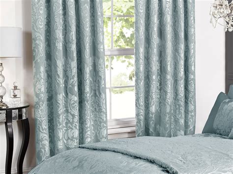 Deluxe Boston Jacquard Damask Lined Curtains In Duck Egg Blue Bedding