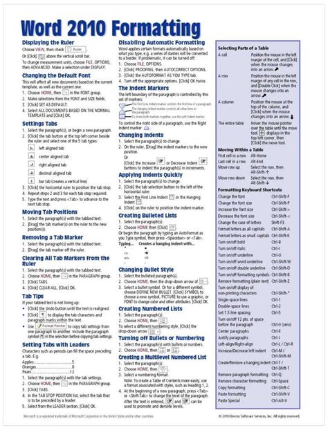 Microsoft Word 2010 Formatting Quick Reference Guide Cheat With Cheat
