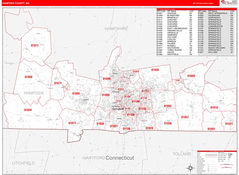 Hampden County Ma Zip Code Wall Map Red Line Style By Marketmaps