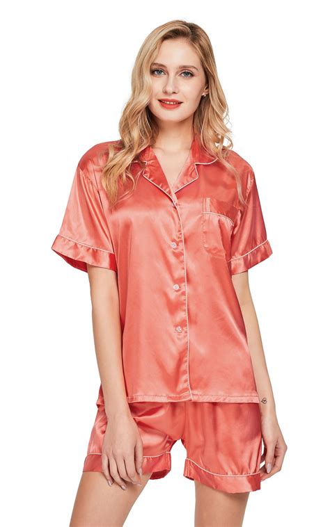 Women S Silk Satin Pajama Set Short Sleeve Living Coral With White Pi Tony And Candice