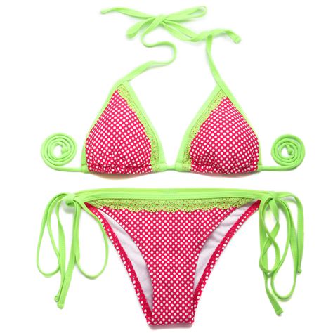 2015 sexy swimwear suit polka dot green lace triangle top with classic cut bottom bikini
