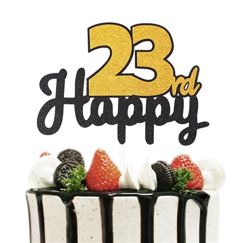 Laskyer Happy 23rd Birthday Cake Topper Black And Gold Glitter Cake