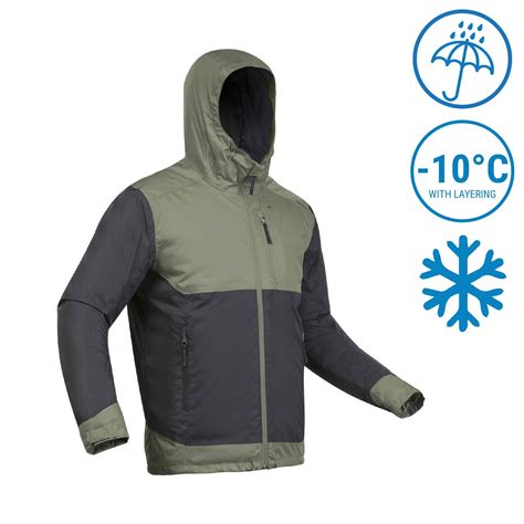 Mens Waterproof Winter Hiking Jacket Sh100 X Warm 10°c Khaki