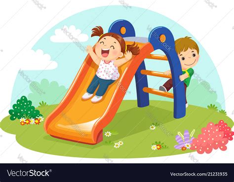 Cute Kids Having Fun On Slide In Playground Vector Image