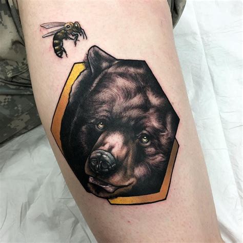 Bear And Bee Tattoo By Alex Bock Alexbock Naturetattoos Color
