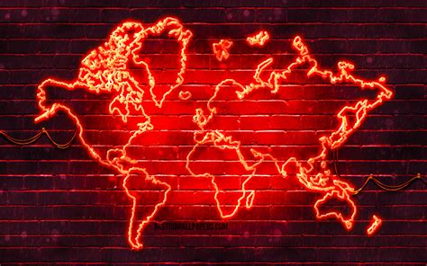 Download Wallpapers Red Neon World Map 4k Red Brickwall World Map
