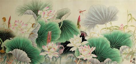 Lotus Bamboo And Dragonfly Beautiful Flowers Painting