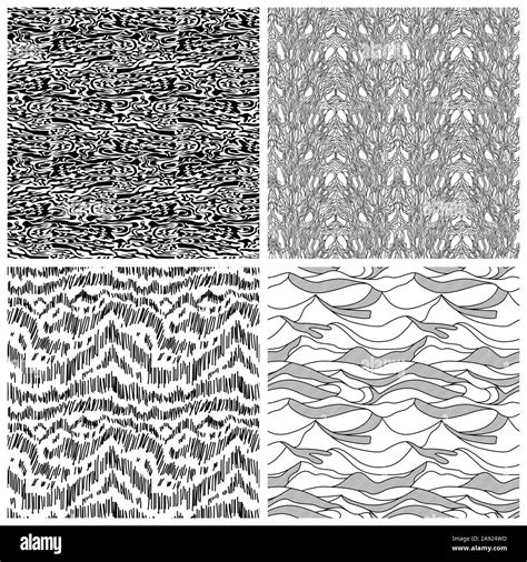 set of four abstract seamless patterns with black chaotic shapes and randomly lines on the white