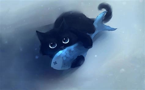 Hd Wallpaper Black Cat Holding Fish Wallpaper Cartoon Apofiss