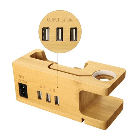 USB Charging Station, Phone Stand with 3 USB Charging Port Bamboo Wood Charging Dock Station for 