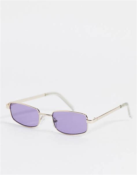 Asos Design Rectangle Sunglasses In Gold With Purple Lens Asos