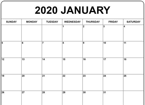 2020 January Calendar Editable Calendar January Calendar Calendar