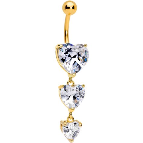 Clear Heart Cz Gem Gold Tone Triplet Heart Dangle Belly Ring Bodycandy