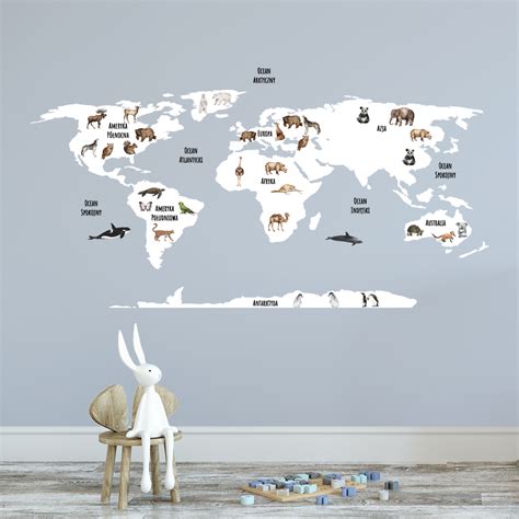 Naklejka Mapa świata I Zwierzątka Na ścianę Do Pokoju Dziecka