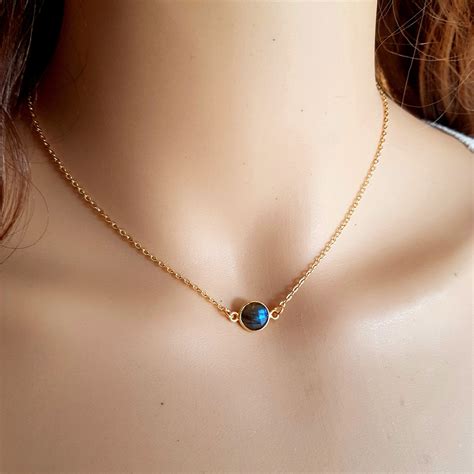 14k Gold Fill Tiny Labradorite Necklace Choker Real Flashy Labradorite