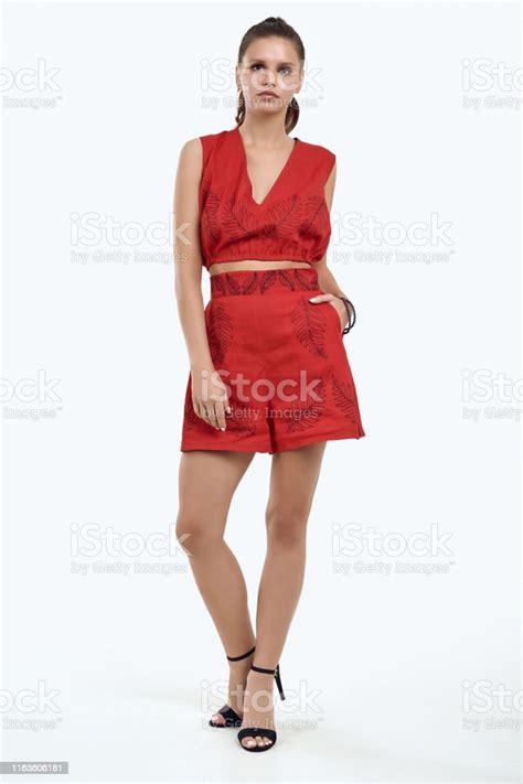 Beautiful Female Model With Juicy Lips Posing In Fashion Dress Stock
