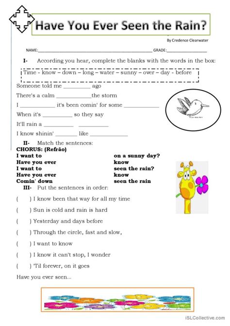 Have You Ever Seen The Rain Song English Esl Worksheets Pdf And Doc