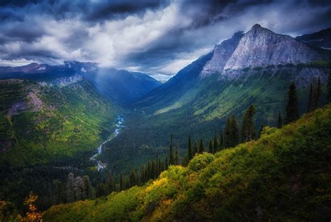 valley, Mountain, Forest, River, Cliff, Shrubs, Clouds, Summer, Nature ...